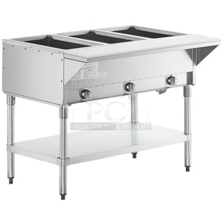 BRAND NEW SCRATCH & DENT! ServIt Four Pan Open Well Electric Steam Table with Partially Enclosed Base - 208/240V, 3000W. SERIAL #: 2023100943024 Out of original packaging. Partially enclosed base in missing two panels. 