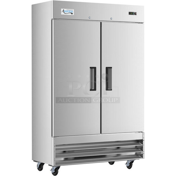 BRAND NEW SCRATCH AND DENT! 2023 Avantco 178A49FHC Stainless Steel Commercial 2 Door Reach In Freezer w/ Poly Coated Racks on Commercial Casters. 115 Volts, 1 Phase. Tested and Working!