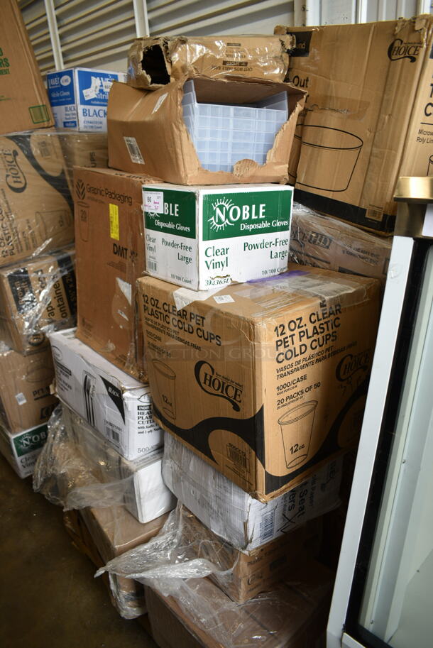 PALLET LOT of 25 BRAND NEW Boxes Including 164TS1800 Lancaster Table & Seating 18" Cast Iron Table Base Spider, QSB116CL Shelf Bins, DMT-20 20 Oz Cups, 500CC12 Choice Clear PET Customizable Plastic Cold Cup - 12 oz. - 1000/Case, 130BKFSNH Visions Heavy Weight Black Wrapped Plastic Cutlery Pack with Napkin - 500/Case, 3 Box 129MCS24B Choice 24 oz. Black Rectangular Microwavable Heavy Weight Container with Lid 8" x 5 1/4" x 2" - 150/Case, 43209600 Ecru Beverage Napkins, 394365L Large Noble Gloves, 128HD8COMBO ChoiceHD 8 oz. Microwavable Translucent Plastic Deli Container and Lid Combo Pack - 240/Case. 25 Times Your Bid!