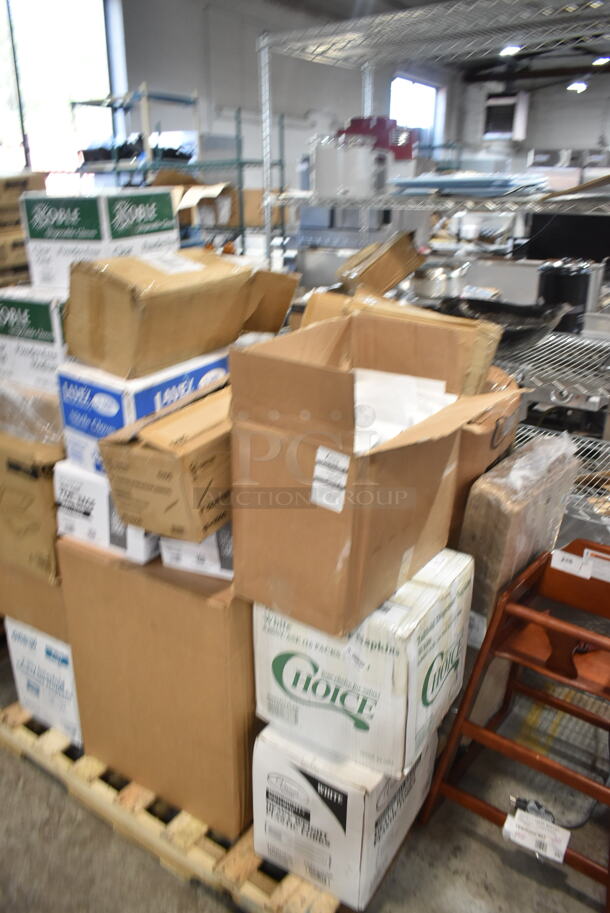 PALLET LOT of 24 BRAND NEW Boxes Including 186CVB1215 VacPack-It Chamber Vacuum Packaging Pouches, 760PCC32 Choice Poly Paper Cold Cup, 966TALLFLDB Choice White Tall-Fold 6" x 13" Dispenser Napkin - 8000/Case, 130HCUTFWR Visions Individually Wrapped White Heavy Weight Plastic Fork - 1000/Case, 795TO954WHTU Choice White Take Out Dinner/Checken Box, 3941085XL Lavex Powder-Free Disposable Nitrile Black 5 Mil Thick Textured Gloves - Extra Large - 1000/Case, 1504551M Carnival King Printed Foil Hot Dog Bag, 2 Boxes 394365M Noble Products Powder-Free Disposable Clear Vinyl Gloves for Foodservice - Medium - 1000/Case, 43256800 Choice 15" x 17" Black Customizable 2-Ply Paper Dinner Napkin - 1000/Case, 612P558 Choice Clear Round Plastic Dome Lid, Choice Colossal Straws. 24 Times Your Bid!