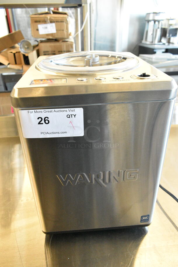 BRAND NEW SCRATCH AND DENT! Waring WCIC25 Stainless Steel Commercial Countertop Ice Cream Maker. 110-120 Volts, 1 Phase. - Item #1147363