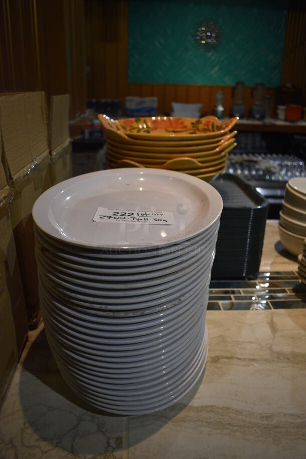 ALL ONE MONEY! Lot of 27 White Oval Poly Plates, 7 Yellow Poly Bowls and 30 Green Trays. Includes 13x9.5x1. (bar)