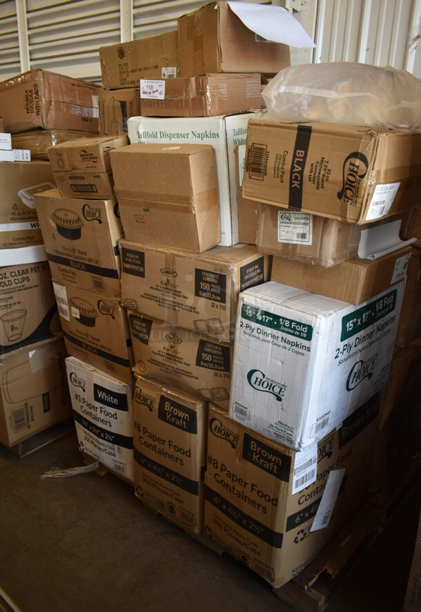 PALLET LOT of 40 BRAND NEW! Boxes Including 2 Box 795PTOKFT8 Choice Kraft Microwavable Folded Paper #8 Take-Out Container 6" x 4 5/8" x 2 1/2" - 300/Case, 795PTOWHT3 Choice 7 3/4" x 5 1/2" x 2 1/2" White Microwavable Folded Paper #3 Take-Out Container - 200/Case, 2 Box 129MCR16B Choice 16 oz. Black 6 1/4" Round Microwavable Heavy Weight Container with Lid - 150/Case, 2 Box 5002DNAP Choice White 2-Ply Dinner Napkin 17" x 15" - 3000/Case, 90MFPPHT3R Dart ProPlanet Hinged Trays, 129MCR32B Choice 32 oz. Black Round Microwavable Heavy Weight Container with Lid 7 1/4" - 150/Case, 105GC47972 Choice 2 Part Green and White Carbonless Guest Check with Beverage Lines and Bottom Guest Receipt - 2000/Case, 2 Box Ghiradrdelli White Chocolate Flavored Sauce, Noble Medium Gloves, 128HD16COMBO ChoiceHD 16 oz. Microwavable Translucent Plastic Deli Container and Lid Combo Pack - 240/Case, T-Shirt Bags, GS18 American Metalcraft GS18 18" Round Wrought Iron Griddle with Matching Stand, Choice 16 oz Deli Container and Lid, 40313CDRSS Choice 13 Qt. Stainless Steel Colander with Base and Handles, Choice Insulated Foil Sandwich Sheets. 40 Times Your Bid!
