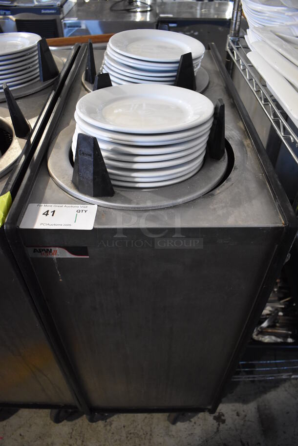 APW Wyott ML2-9-5P Stainless Steel Commercial 2 Well Plate Dispenser w/ 9" Plates on Commercial Casters. 15.5x301x42
