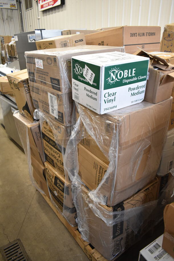 PALLET LOT of 28 BRAND NEW Boxes Including 394360M Noble Products Powdered Disposable Vinyl Gloves for Foodservice - 1000/Case, 4 Box 5004DNAPFLTN Choice Touchstone Natural Linen-Feel Flat-Packed Dinner Napkin 16" x 16" - 500/Case, 612FHL1230 Choice Foil Steam Table Pan Lid - Half Size - 100/Case, 500CC16HD 16 oz. Plastic Cold Cup - 1000/Case, 2 Box 626TS Solo 626TS Clear Flat Lid with Straw Slot - 1000/Case, 2 Box 795PTOKFT3 Choice Kraft Microwavable Folded Paper #8 Take-Out Container 6" x 4 5/8" x 2 1/2" - 300/Case, 2 Box 500TW12 Choice 12 oz. Translucent Thin Wall Plastic Cold Cup - 1000/Case, 274MOPBCKTYE Lavex Yellow Mop Bucket, 433L32C Choice Quart Size Natural Kraft Paper Bag - 500/Case, 130SVFRK480B Visions Silver 7" Heavy Weight Plastic Fork with Black Handle - 480/Case, C25UT1 Dart C25UT1 StayLock® 6 1/8" x 6 1/2" x 3 1/4" Clear Hinged Plastic 6" Square Container - 500/Case, LOOP-GREEN-EO Green Shopping Bags, Choice Medium Weight Black Wrapped Plastic Cutlery Set with Napkin - 250/Case. 28 Times Your Bid!