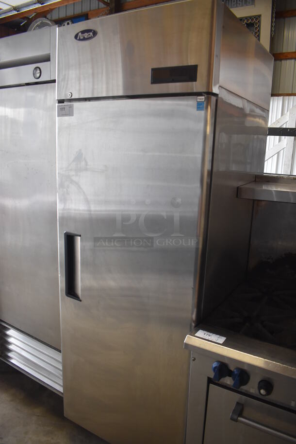 Atosa MBF8001GR Stainless Steel Commercial Single Door Reach In Freezer w/ Poly Coated Racks on Commercial Casters. 115 Volts, 1 Phase. 29x32x81. Tested and Working!