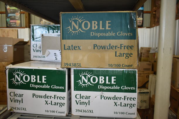 7 Cases of 10 BRAND NEW Boxes of Noble Clear Vinyl Gloves; 2 394385L Large, 394365XL, and 4 394365M Medium. 7 Times Your Bid!