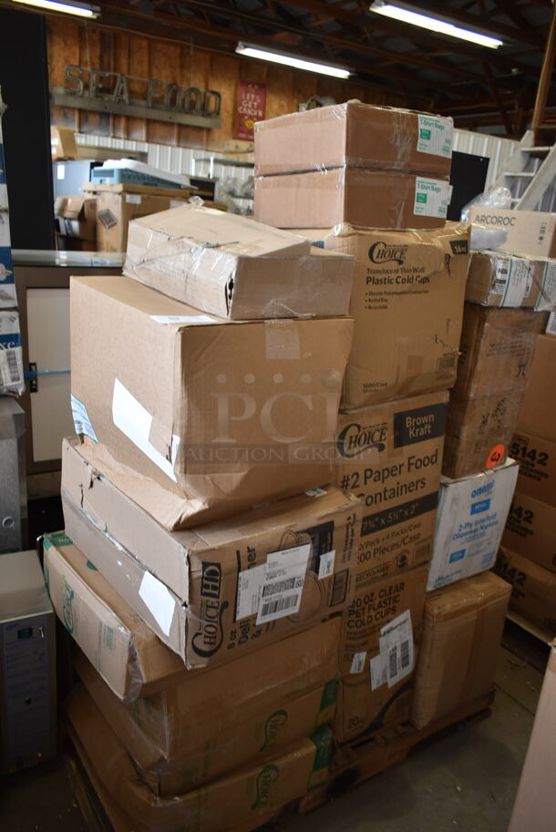 PALLET LOT of 29 BRAND NEW Boxes Including 3 Box 500TW35 Choice 3.5 oz. Translucent Thin Wall Plastic Cold Cup - 2500/Case, 267010008 Choice Windsor 8 3/8" Stainless Steel Dinner Knife - 12/Case, 15904014 Araven 04014 1/9 Size Clear Polypropylene Food Pan Airtight Lid, 395RP09 EcoChoice Compostable Sugarcane / Bagasse 9" Plate - 500/Case, OneUp Dispenser Napkins, 2 Box GET OP-960-W/CB Settlement Bistro 9" White with Cobalt Blue Trim Enamelware Small Oval Melamine Dinner Coupe Plate, 2 Box 433NHTBIO EcoChoice 1/6 Standard Size Biodegradable Standard-Duty Plastic T-Shirt Bag - 500/Case, 500TW16 Choice 16 oz. Translucent Tall Thin Wall Plastic Cold Cup - 1000/Case, 795PTOKFT2 Choice 7 3/4" x 5 1/2" x 2" Kraft Microwavable Folded Paper #2 Take-Out Container - 200/Case, 4 Box 395RP09 EcoChoice Compostable Sugarcane / Bagasse 9" Plate - 500/Case, 5004DNAPWH Choice White Linen-Feel 1/8 Fold Dinner Napkin - 800/Case, 128HD8COMBO ChoiceHD 8 oz. Microwavable Translucent Plastic Deli Container and Lid Combo Pack - 240/Case. 29 Times Your Bid!