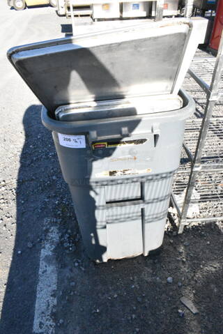 Rubbermaid Gray Poly Trash Can w/ Contents Including Metal Baking Pans. 