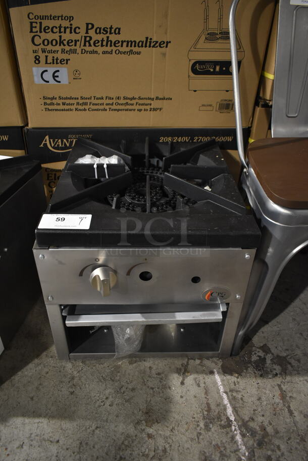 BRAND NEW SCRATCH AND DENT! Cooking Performance Group CPG 351CPGSP18L Stainless Steel Commercial Countertop Propane Gas Powered Single Burner Stock Pot Range. 80,000 BTU. 