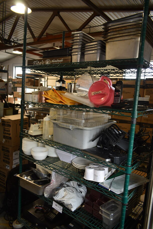 ALL ONE MONEY! Five Tier Lot of Various Items Including Stainless Steel Drop In Bins and Dishes. Does Not Include Shelving Unit.