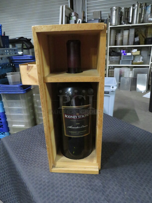 One Empty Wine Bottle In Wooden Box. 7X7X18