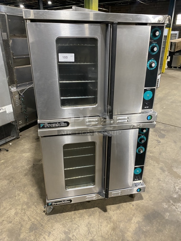 Sweet! Franklin Gas Powered Double Stacked Convection Oven W/ View Through Doors! Metal Oven Racks And Thermostatic Controls! On Commercial Casters! 2X Times Your Bid Makes One Unit! 