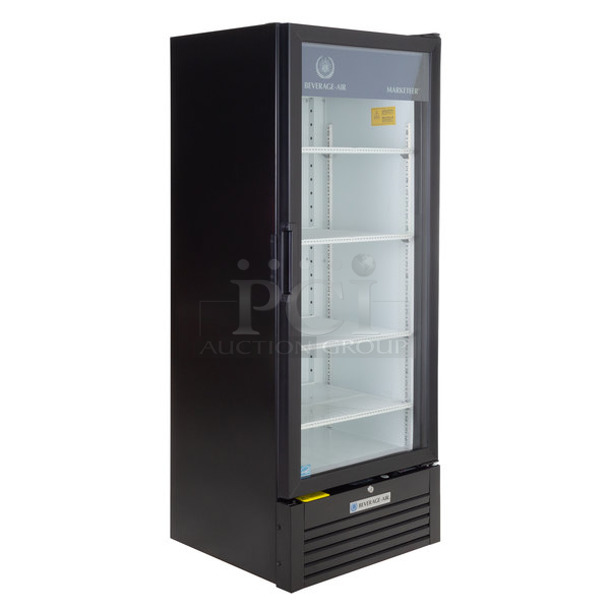 BRAND NEW SCRATCH AND DENT! Beverage-Air MT12-1 25" Marketeer Series Black Metal Commercial Single Door Cooler Merchandiser with LED Lighting and Poly Coated Racks. 115 Volts, 1 Phase. Tested and Powers On But Does Not Get Cold