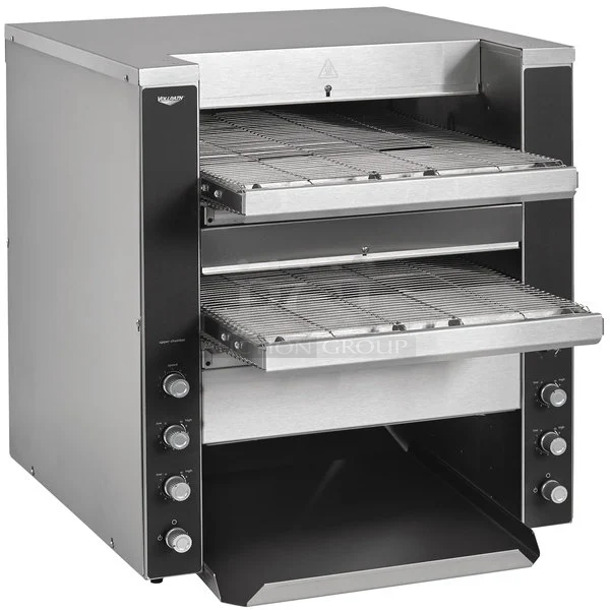BRAND NEW SCRATCH AND DENT! Vollrath JT4 Stainless Steel Commercial Countertop Electric Powered Dual Conveyor Toaster with 1 1/2"-3" and 1 1/2" Openings. 240 Volts, 1 Phase. 