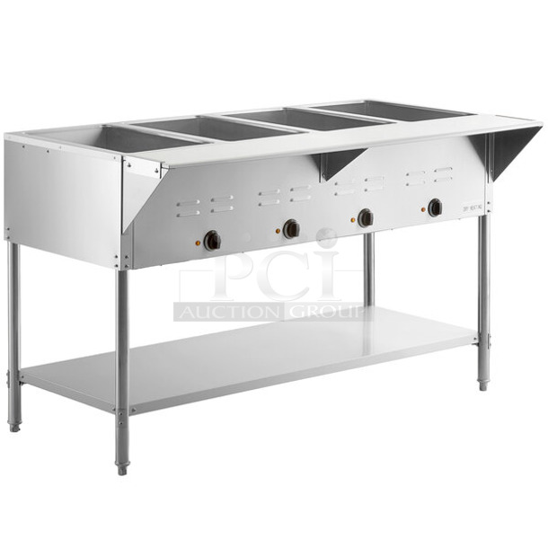 BRAND NEW SCRATCH AND DENT! Avantco 177STE4SA Stainless Steel Commercial 4 Bay Steam Table. 120 Volts, 1 Phase. Cannot Test Due To Plug Style