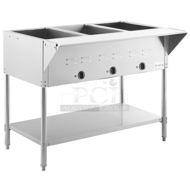 BRAND NEW SCRATCH AND DENT! Avantco 177STE3S Stainless Steel Commercial Three Bay Open Well Electric Steam Table with Undershelf. 120 Volts, 1 Phase. Tested and Working!