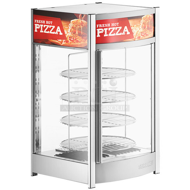 BRAND NEW SCRATCH AND DENT! ServIt 423PDW12D2 Stainless Steel Commercial Countertop 18" Full-Service Pizza Warmer with 4-Shelf Rotating Rack. 120 Volts, 1 Phase. Tested and Working!