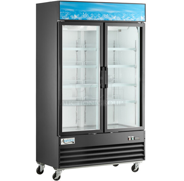 BRAND NEW SCRATCH AND DENT! 2024 Avantco 178GDC40HCB Metal Commercial 48" Black Swing Glass Door Merchandiser Refrigerator with LED Lighting and Poly Coated Racks on Commercial Casters. 115 Volts, 1 Phase. Tested and Powers On But Does Not Get Cold
