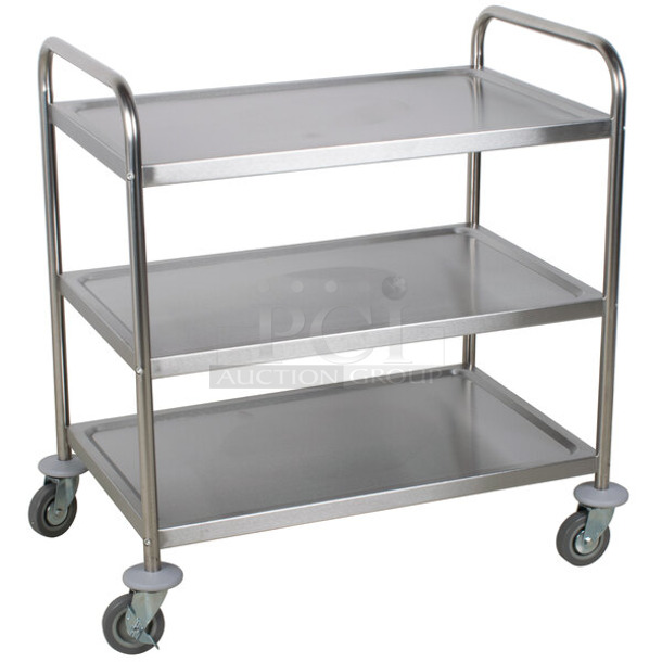 BRAND NEW SCRATCH AND DENT! Lancaster Table & Seating 922T20030 33 3/4" x 21" x 37" Knocked Down 18 Gauge Stainless Steel 3 Shelf Utility Cart