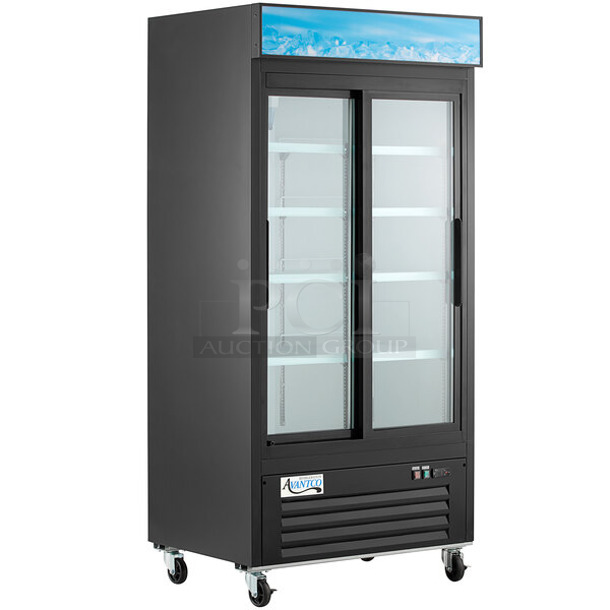 BRAND NEW SCRATCH AND DENT! 2024 Avantco 178GDS33HCB Metal Commercial 2 Door Reach In Cooler Merchandiser w/ Poly Coated Racks. 115 Volts, 1 Phase. Tested and Working!