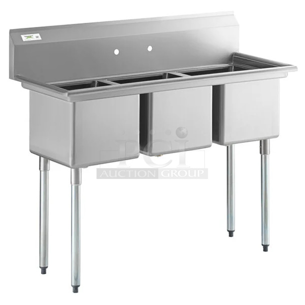 BRAND NEW SCRATCH AND DENT! Regency 600S31515 54" 16-Gauge Stainless Steel Three Compartment Commercial Sink with Galvanized Steel Legs and without Drainboards - 15" x 15" x 12" Bowls. No Legs. 