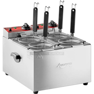 BRAND NEW SCRATCH AND DENT! Avantco 177PC102 2 Gallon / 8 Liter Electric Countertop Two Section Pasta Cooker w/ 4 Metal Fry Baskets. 120 Volts, 1 Phase.