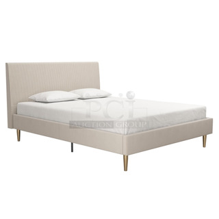 BRAND NEW SCRATCH AND DENT! DA4044139MK Daphne, Ivory Velvet, Metal Frame, Queen Upholstered Platform Bed with Vertical Channel Tufted Headboard. May Be Missing Pieces. 