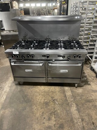 AMAZING! NEW! Scratch-N-Dent! Garland Natural Gas Powered 10 Burner Range! With 2 Standard Ovens Underneath! With Back Splash! All Stainless Steel! On Casters! Model: G60-10RR! 