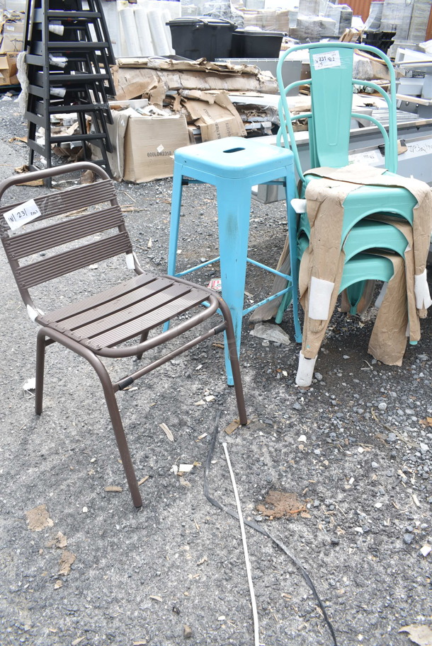 5 BRAND NEW SCRATCH AND DENT! Various Seats; Blue Bar Height Tolix Style Bar Stool, Brown Outdoor Patio Chair and 3 Seafoam Metal Tolix Style Dining Height Chairs. 5 Times Your Bid! 