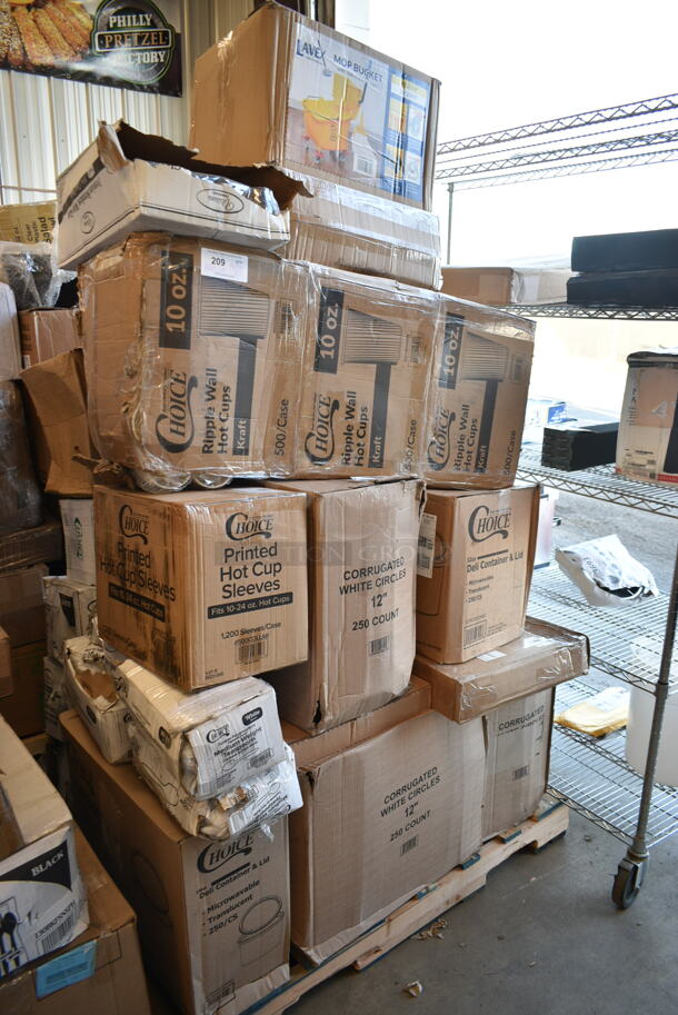 PALLET LOT of 27 BRAND NEW Boxes Including 3 Box 50010RIPKRPE Choice 10 oz. Double Wall Ripple Kraft Paper Hot Cup - 500/Case, 500COLLAR Choice 10-24 oz. Printed Coffee Cup Sleeve / Jacket / Clutch - 1200/Case, 3 Box Corrugated 12