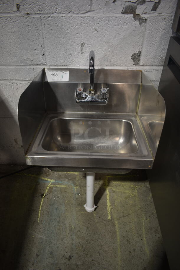 Stainless Steel Commercial Single Bay Wall Mount Sink w/ Faucet, Handles and Side Splash Guards.