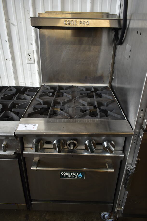 Core Pro Stainless Steel Commercial Natural Gas Powered 4 Burner Range w/ Oven, Over Shelf and Back Splash on Commercial Casters.  