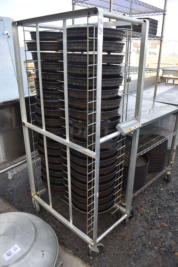 Metal Commercial Pan Transport Rack w/ 40 Metal Round Baking Pans on Commercial Casters. 19x32x65