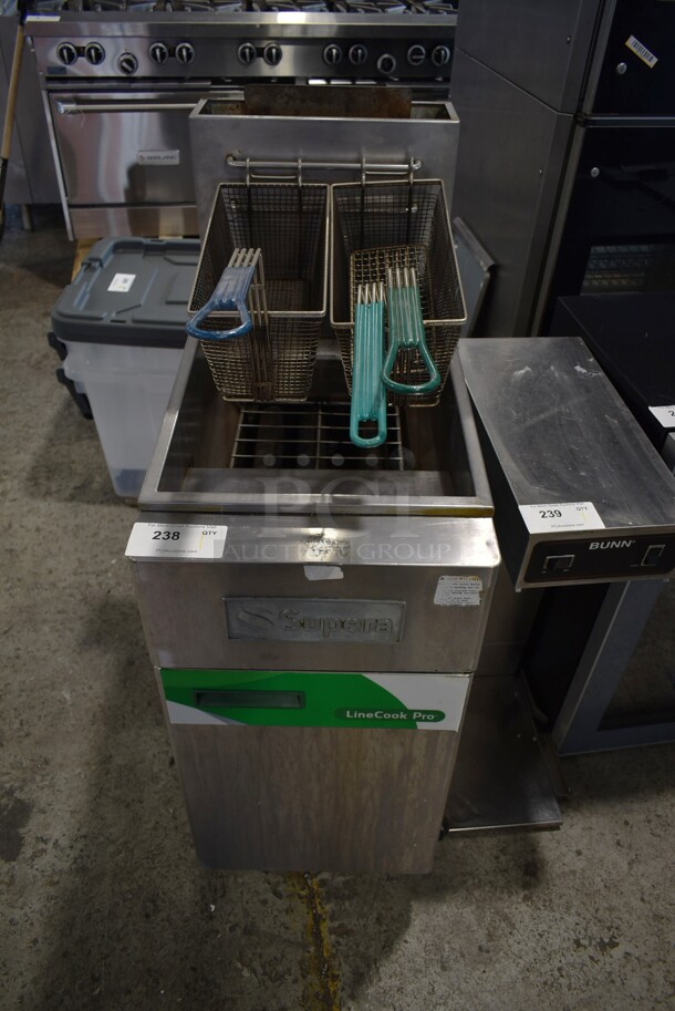 Supera LCF3T-NG Stainless Steel Commercial Floor Style Natural Gas Powered Deep Fat Fryer w/ 2 Metal Fry Baskets on Commercial Casters. 90,000 BTU.