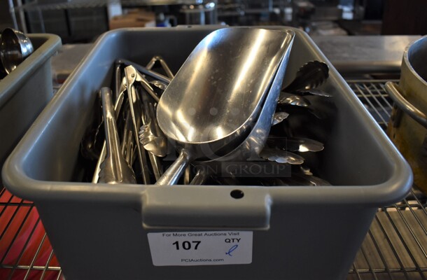 ALL ONE MONEY! Tier Lot of Various Utensils in Gray Poly Bin