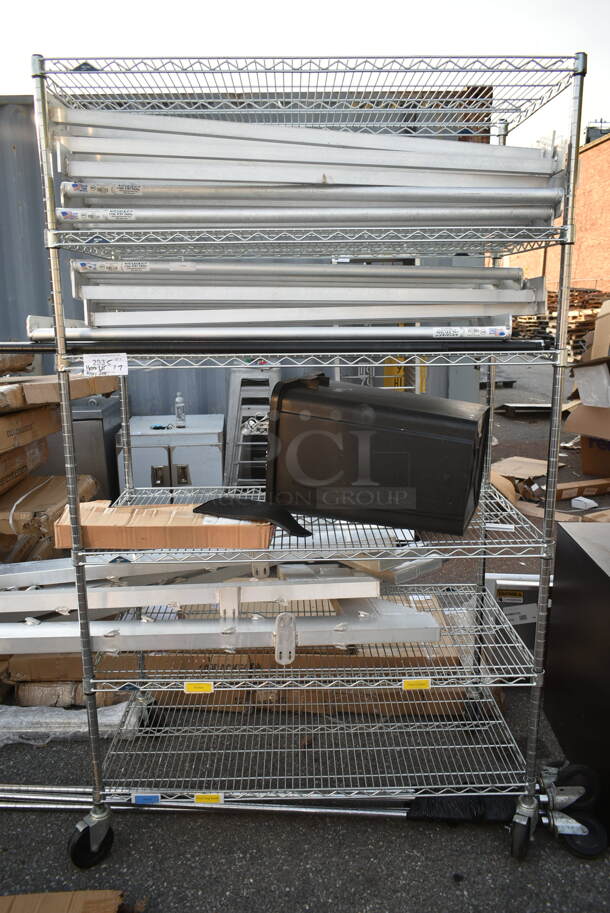 Chrome Finish 6 Tier Wire Shelving Unit on Commercial Casters w/ Contents Including Newage 2503 Bar Shelves! BUYER MUST DISMANTLE. PCI CANNOT DISMANTLE FOR SHIPPING. PLEASE CONSIDER FREIGHT CHARGES.
