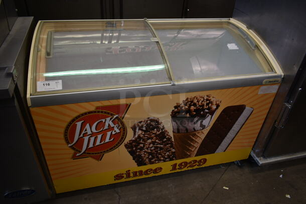 Metalfrio MSC52 Metal Commercial Chest Novelty Ice Cream Freezer Merchandiser w/ Sliding Lids on Commercial Casters. 115 Volts, 1 Phase. Tested and Working!