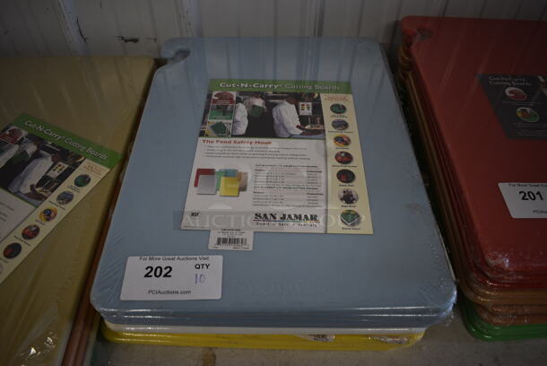 10 BRAND NEW! San Jamar Cutting Boards; 4 Blue, 2 White and 4 Yellow. 15x20x1. 10 Times Your Bid!