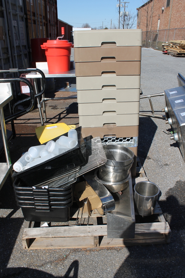 PALLET LOT OF Various Items Including Bus Bins and Caddies