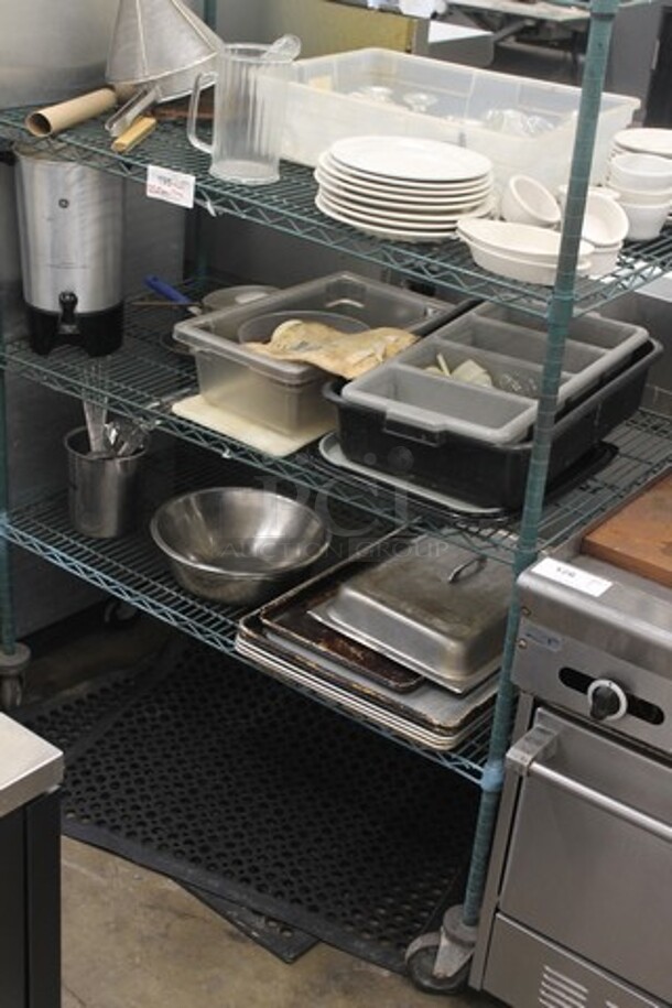 ALL ONE MONEY! Metro Lot of Various Items Including Silverware Bin, Metal Baking Pans and Floor Mat. Does Not Come w/ Shelving Unit.