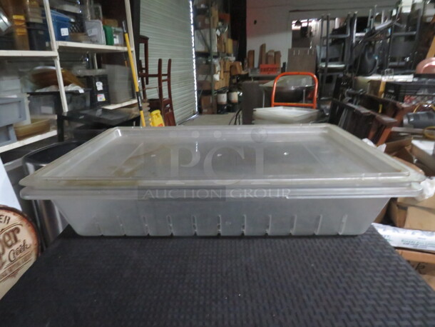 One 8.5 Gallon Perforated Food Storage Container With Lid.