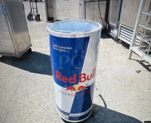 One Red Bull Portable Merchandiser With Lid On Casters. 