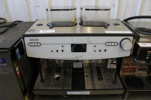 Schaerer Barista Stainless Steel Commercial Countertop 2 Group Espresso Machine w/ 2 Portafilters, 2 Steam Wands and 2 Hoppers. 208 Volts, 1 Phase. 29x21x30