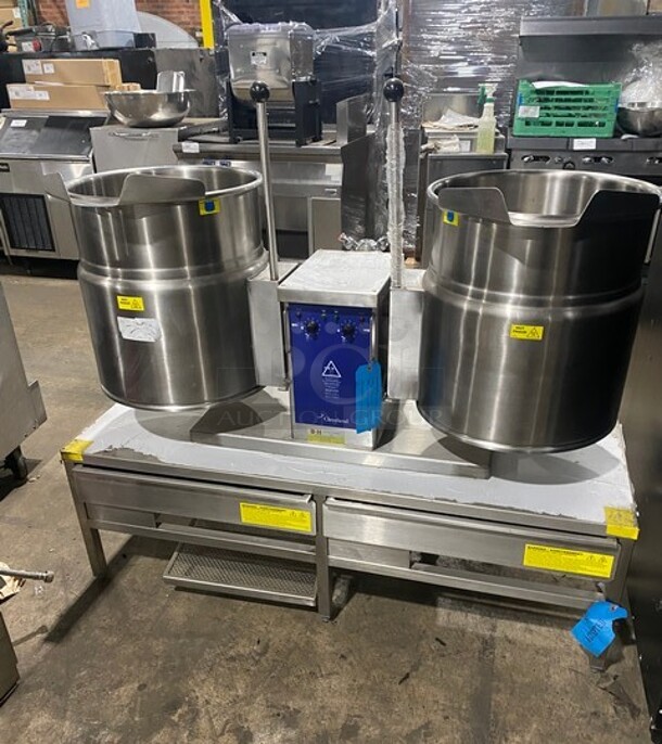 NEW! NEVER USED! Cleveland Commercial Countertop Electric Powered Jacketed Tilting Soup Kettle! On Equipment Stand! All Stainless Steel! On Legs! Model: TKET12T SN: WT680804C01 240V 60HZ 3 Phase