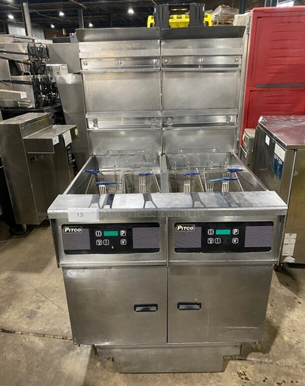 Pitco Frialator Stainless Steel Commercial Natural Gas Powered 2 Bay Deep Fat Fryer w/ 4 Metal Fry Baskets! On Commercial Casters! MODEL SSH55 - Item #1118736