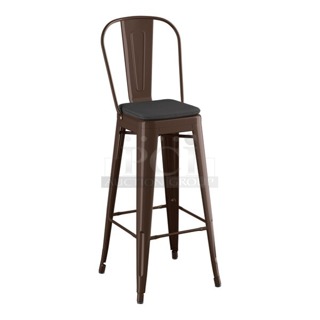 BRAND NEW SCRATCH & DENT! Lancaster Table & Seating Alloy Series Copper Outdoor Cafe Barstool with Black Fabric Magnetic Cushion. Out of Original packaging. Missing the magnetic cushion seats. Assembly required. Scratched. 6x Your Bid