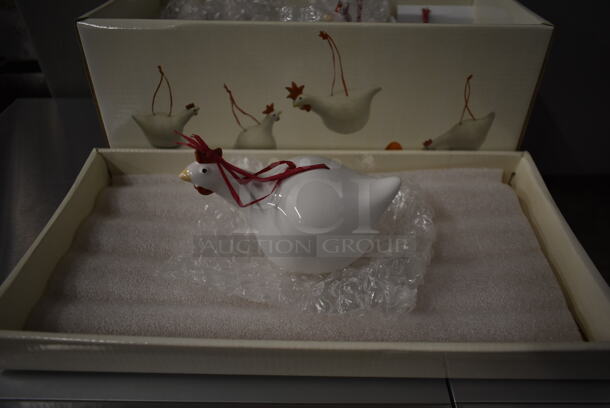 BRAND NEW IN BOX! Les Poules De Catherine Hunter Set of 6 Ceramic Chicken Ornaments