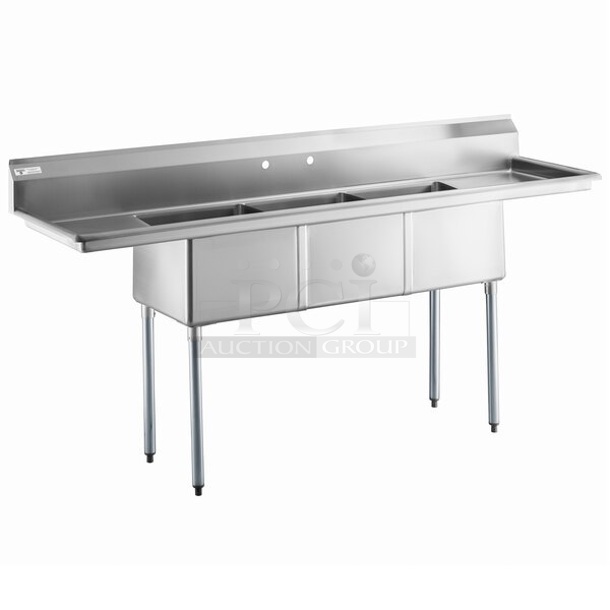 BRAND NEW SCRATCH AND DENT! Steelton 522CS31818LR Stainless Steel Commercial 3 Bay Sink w/ Dual Drain Boards. Bays 18x18. Drain Boards 16x20 