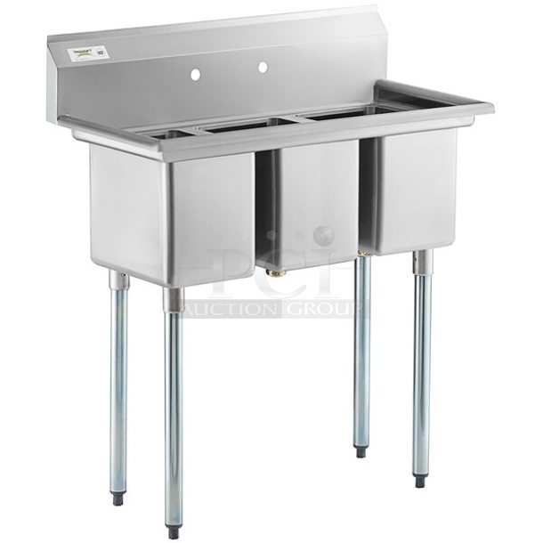 BRAND NEW SCRATCH AND DENT! Regency 58" 16-Gauge Stainless Steel Three Compartment Commercial Sink with Stainless Steel Legs, Cross Bracing, and 2 Drainboards - 10" x 14" x 10" Bowls. No Legs. 